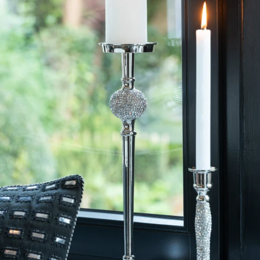 Portacandela Alluminio Argento con Base Diamantata H 41,5 cm