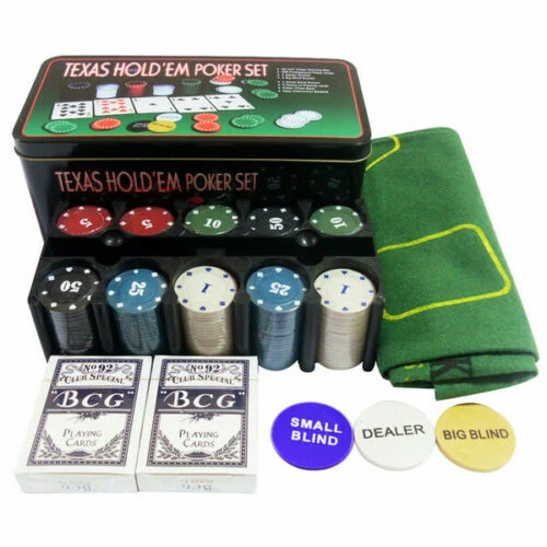 Set Kit Texas Poker Holdem Scatola 200 Fiches Chips con Tappeto da Gioco