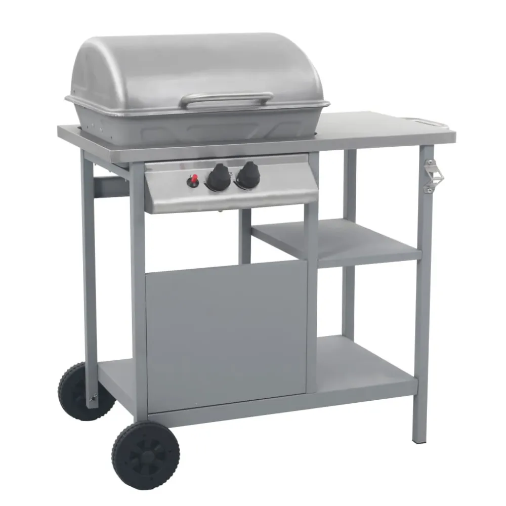 Barbecue e Griglia Gas con 3 Ripiani e Tavolinetto Argento