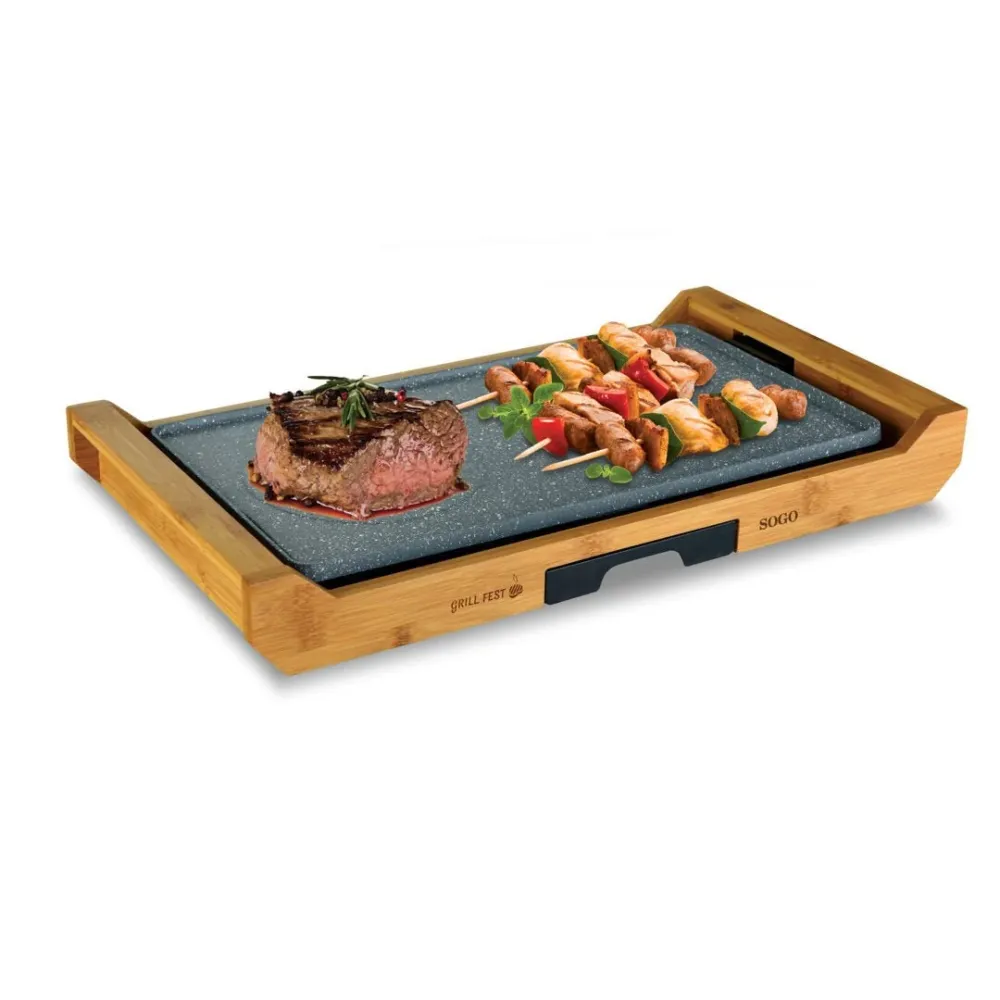 Piastra elettrica Teppanyaki 2200W 43x23 cm antiaderente con vassoio bambù e termostato regolabile Sogo