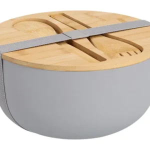 ZELLER Insalatiera con posate e coperchio, 3 parti, plastica bambù grigio ø 23,5x12,5 cm