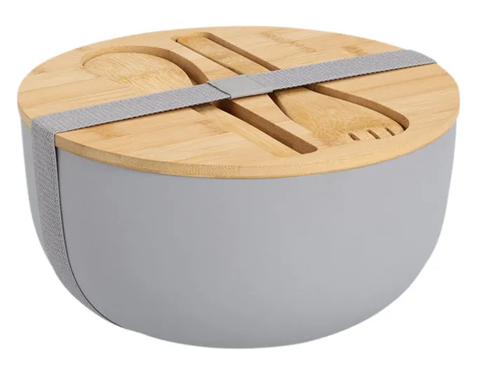 ZELLER Insalatiera con posate e coperchio, 3 parti, plastica bambù grigio ø 23,5x12,5 cm