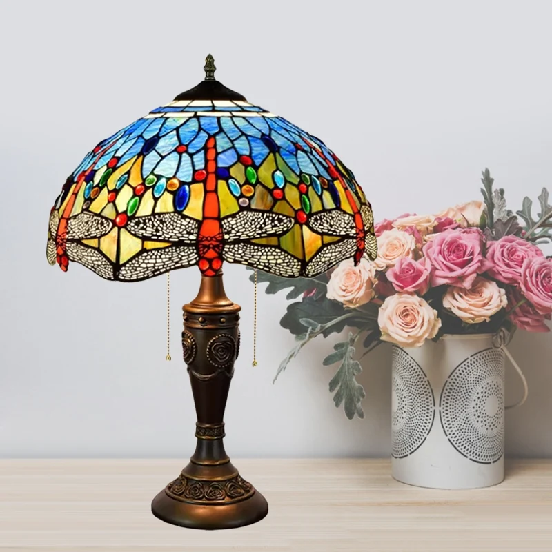 Certificato CE Lampada da tavolo gioiello con libellule mediterranee 2 lampadine Lampada da comodino vetro blu-verde/giall...