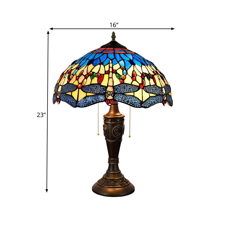 Certificato CE Lampada da tavolo gioiello con libellule mediterranee 2 lampadine Lampada da comodino vetro blu-verde/giall...