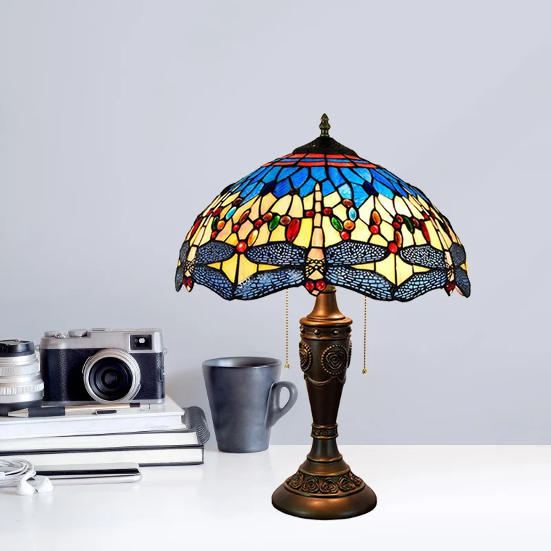 Certificato CE Lampada da tavolo gioiello con libellule mediterranee 2 lampadine Lampada da comodino vetro blu-verde/giall...