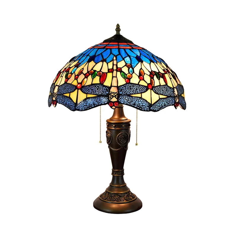 Certificato CE Lampada da tavolo gioiello con libellule mediterranee 2 lampadine Lampada da comodino vetro blu-verde/giall...