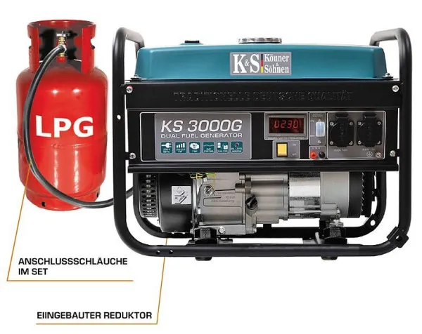 Könner & Söhnen 3000W GEMELLO FUEL benzina/GPL generatore di corrente IBRIDO 2x16A (230V) 12V regolatore volt prot...