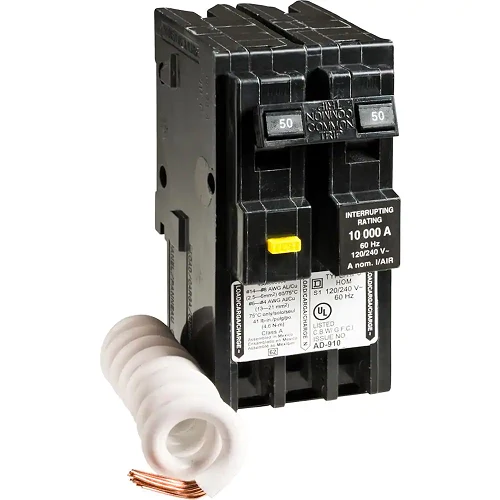 Square D HOM250GFI 2 Pole 50 Amp 120/240 VAC 10 kA Compatto Plug Ground Fault On Circuit Breaker