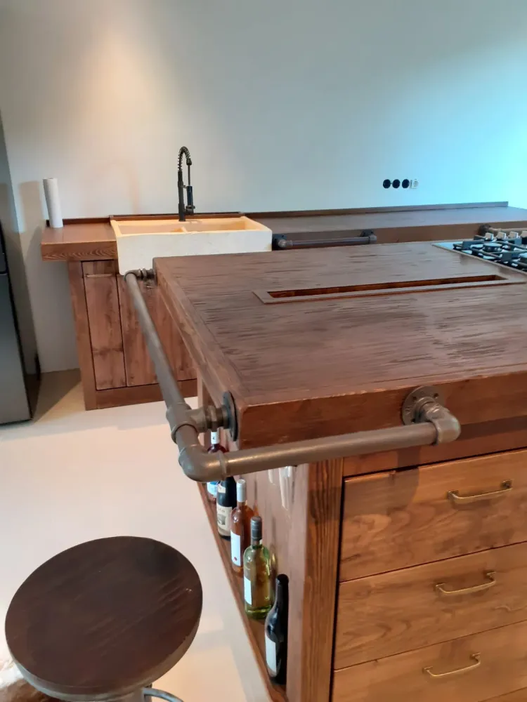 Cucina + isola MUNSTER stile INDUSTRIAL 300x65xh90cm + 240x120xH100cm legno massello e SU MISURA