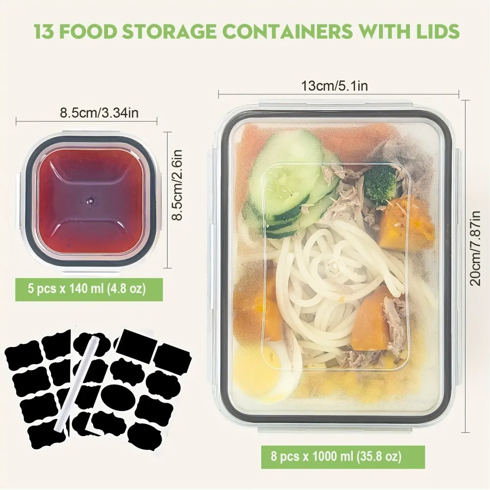 13pcs BPA-Free Plastic Food Storage Container Set, Stackable Kitchen Organizer Bowls Lids, Leakproof, Microwave
