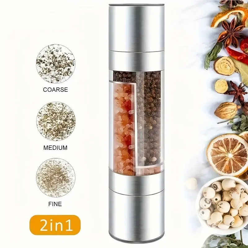 2--1 Dual Chamber Salt and Pepper Grinder, Stainless Steel Manual Spice Mill, Kitchen Gadget Adjustable Coarseness, Metal,...