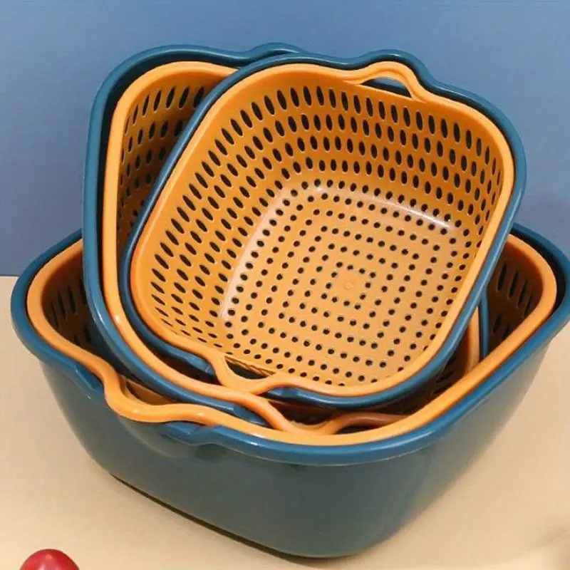 6-Piece Plastic Colander Set, Double-Layer Drain Basket, Reusable Kitchen Strainers Rinsing Fruits and Vegetables, Multipu...