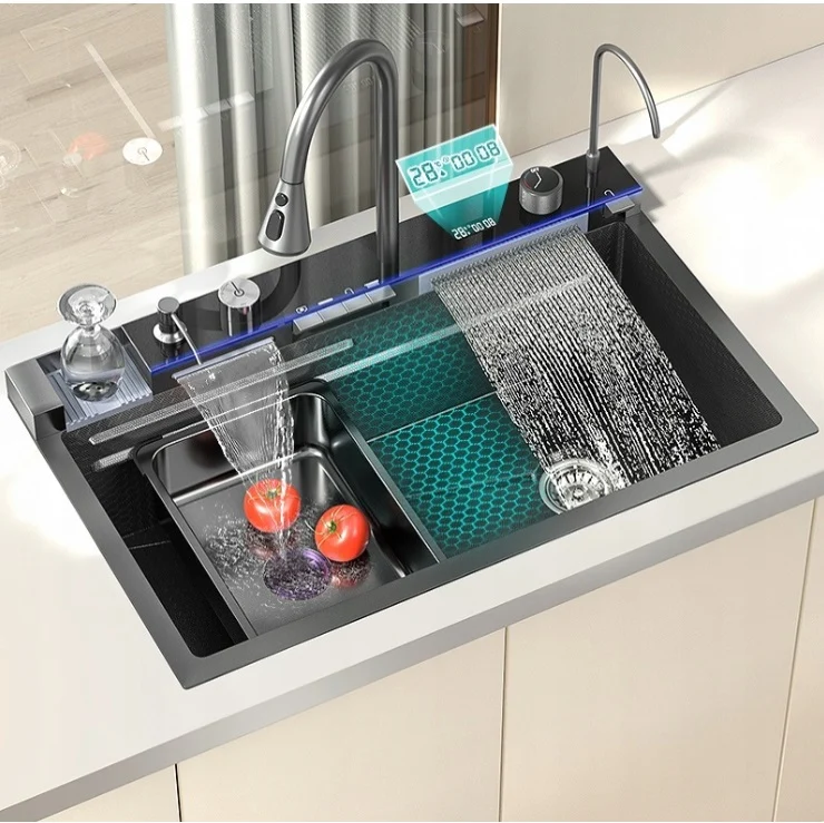 Lavello cascata multifunzionale con 2 cascate Lavello GRAFITE TERMOSTATO DISPLAY