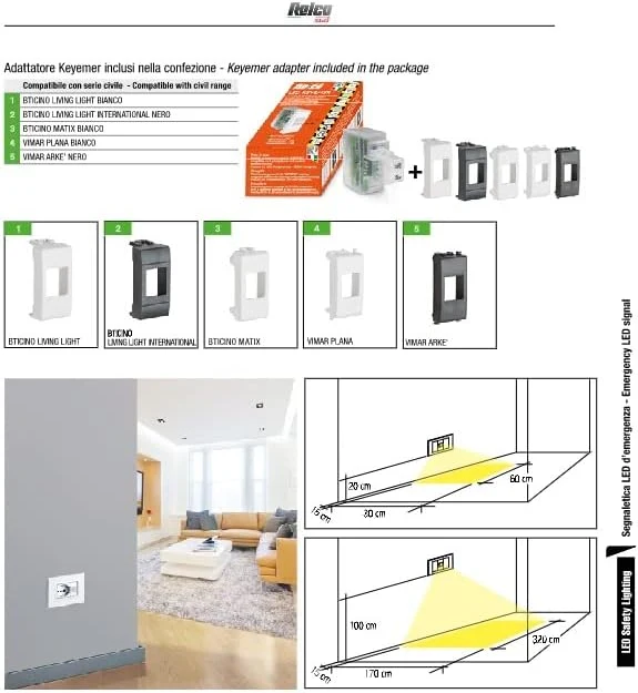 Lampada di emergenza Relco sud incasso SE/SA incasso compatibile con le serie bticino e vimar adattatori inclusi