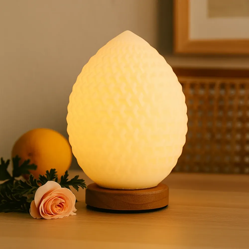 Lampada da comodino goccia USB, dimmerabile 3 livelli, base legno