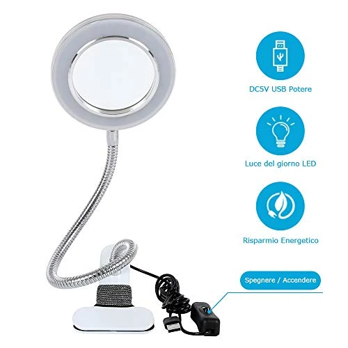 Lampada Estetista con Lente d'Ingrandimento 8 Diottrie,Lampada LED USB...