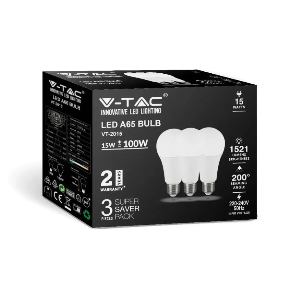 V-TAC KIT 3 PEZZI Lampadina LED E27 15W A65 4000K SKU 212820 VT-2015-3PC