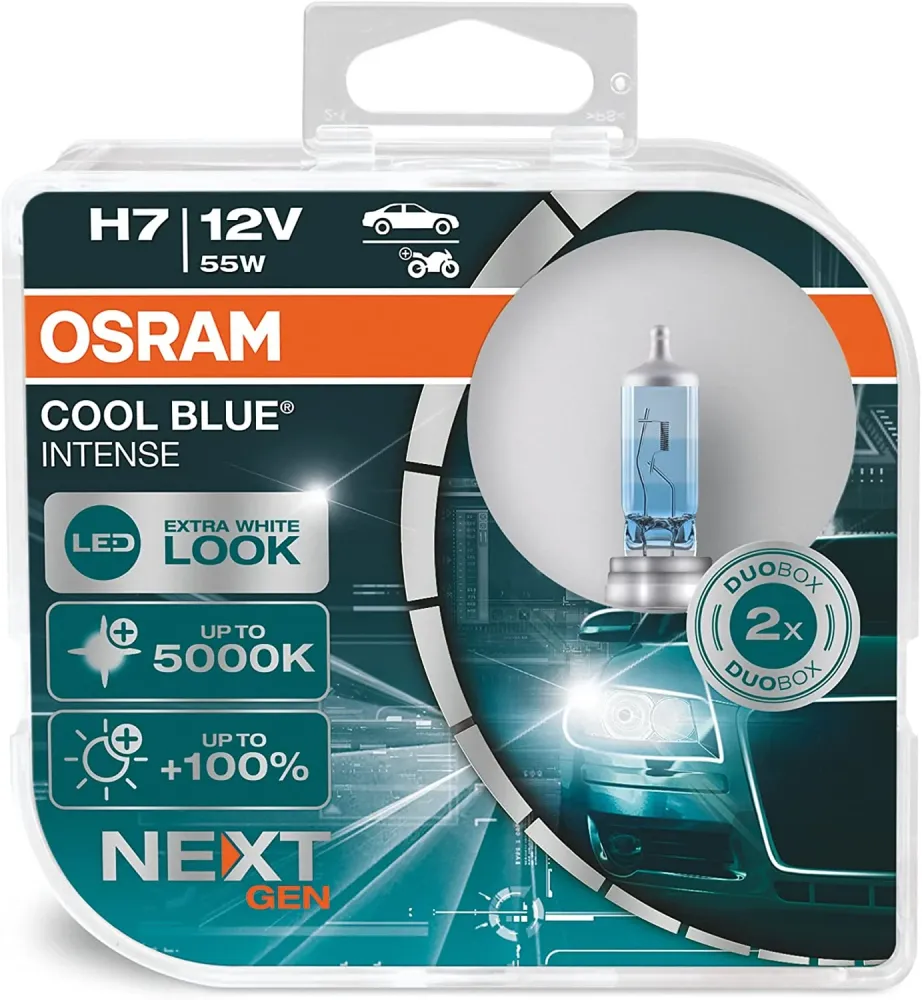 OSRAM COOL BLUE INTENSE H7, +100% più luminosa, fino 5000K, lampada alogena, look LED, duo box (2 lampade)