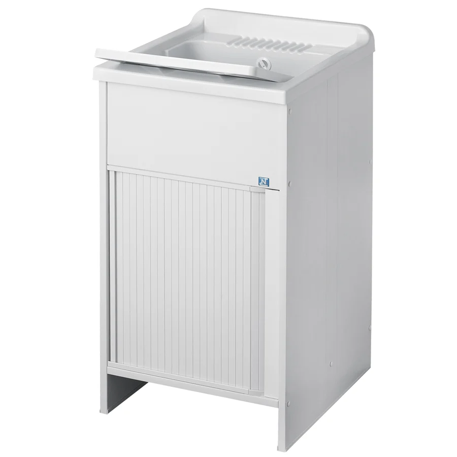 Lavatoio per esterni con mobile plastica e apertura serrandina. Vasca resina speciale M.R.. Misure cm 50X50X85h