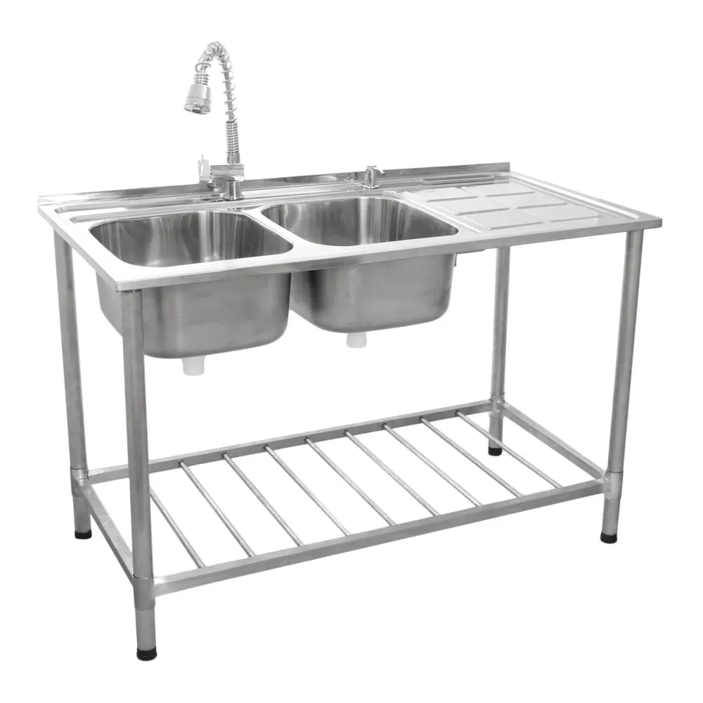 Lavello Cucina Commerciale 120x60x79 cm Acciaio Doppia Vasca Rubinetto Gocciolatoio Destro