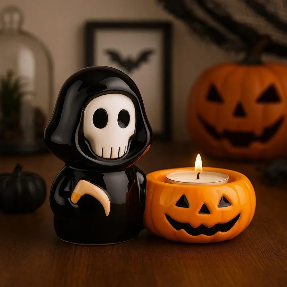 Portacandela tealight Halloween teschio ceramica mietitore Grim Reaper