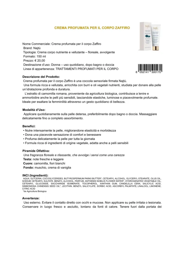Najtù Zaffiro - Crema profumata per il corpo (150 ml)