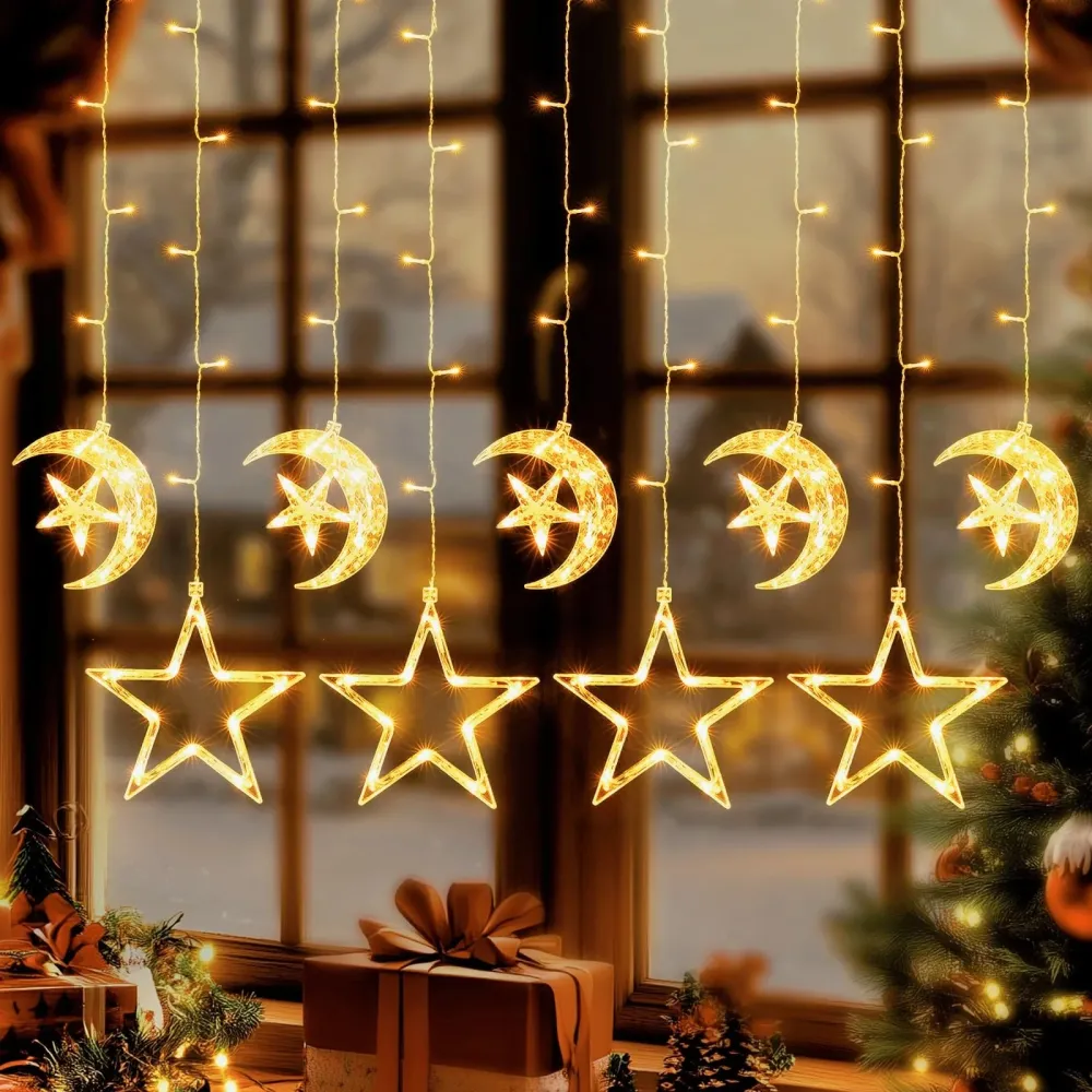 Quntis Luci di Natale per Finestra, 9 Pezzi 125LED Batteria Forma di Stella e Luna, 8 Modalità, Decorazione Impermeabile p...
