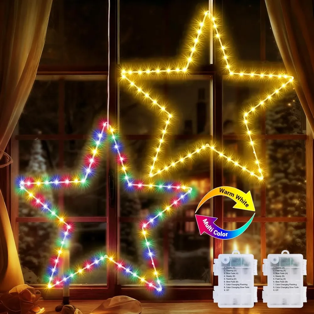 Quntis Luci Natalizie da Finestra – 2-Pack 19.6in Luci Stella Cambianti di Colore, Alimentate Batteria con Timer e 8 Modal...