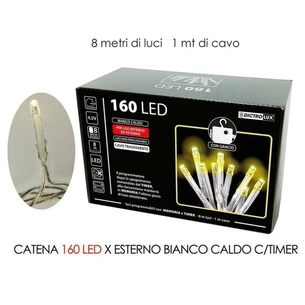 Catena 160 Luci Led batteria - cavo trasparente - da Interno ed Esterno - Luce Calda Bianca