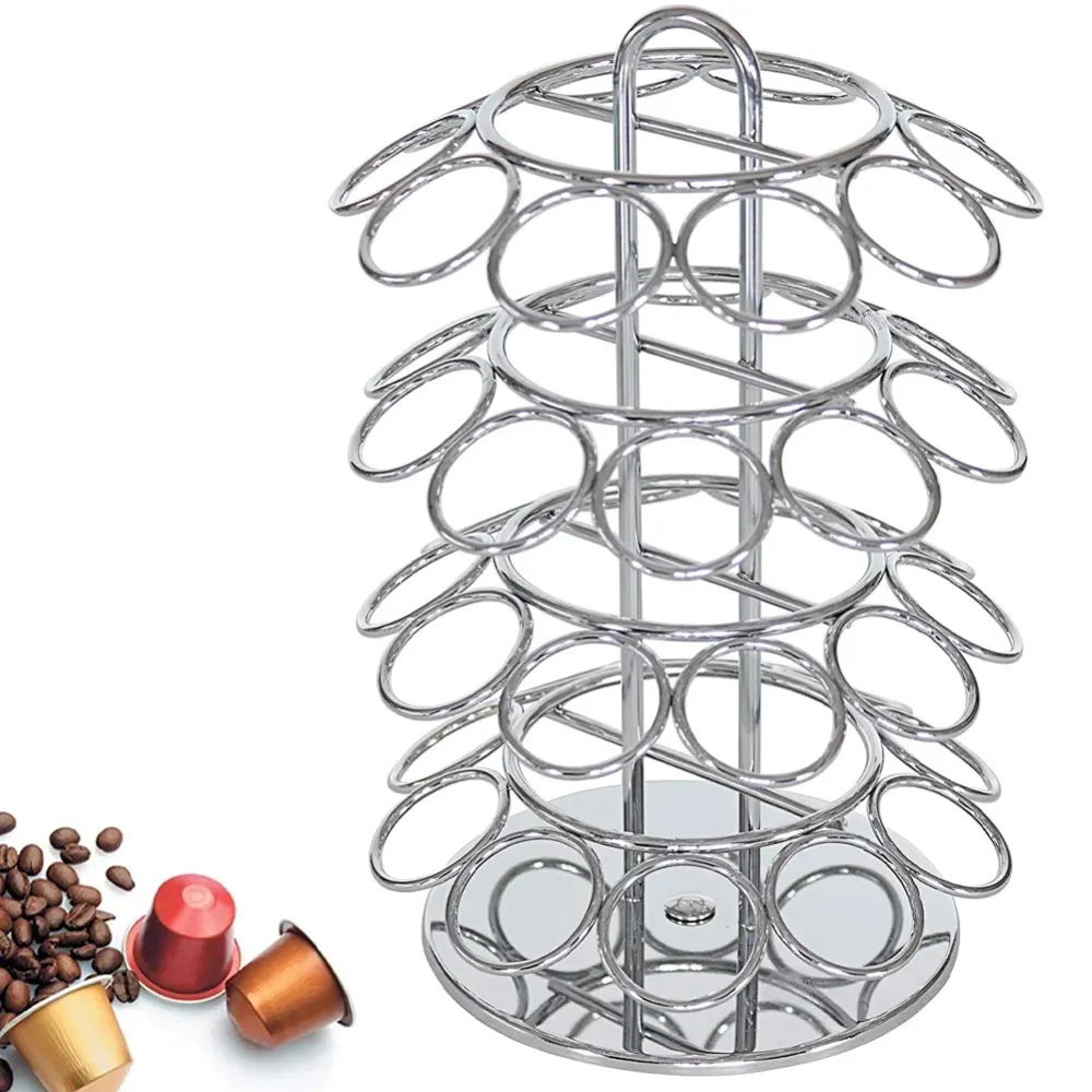 Portacapsule Girevole Acciaio 40 Posti Girevole Stand per Capsule Cromato