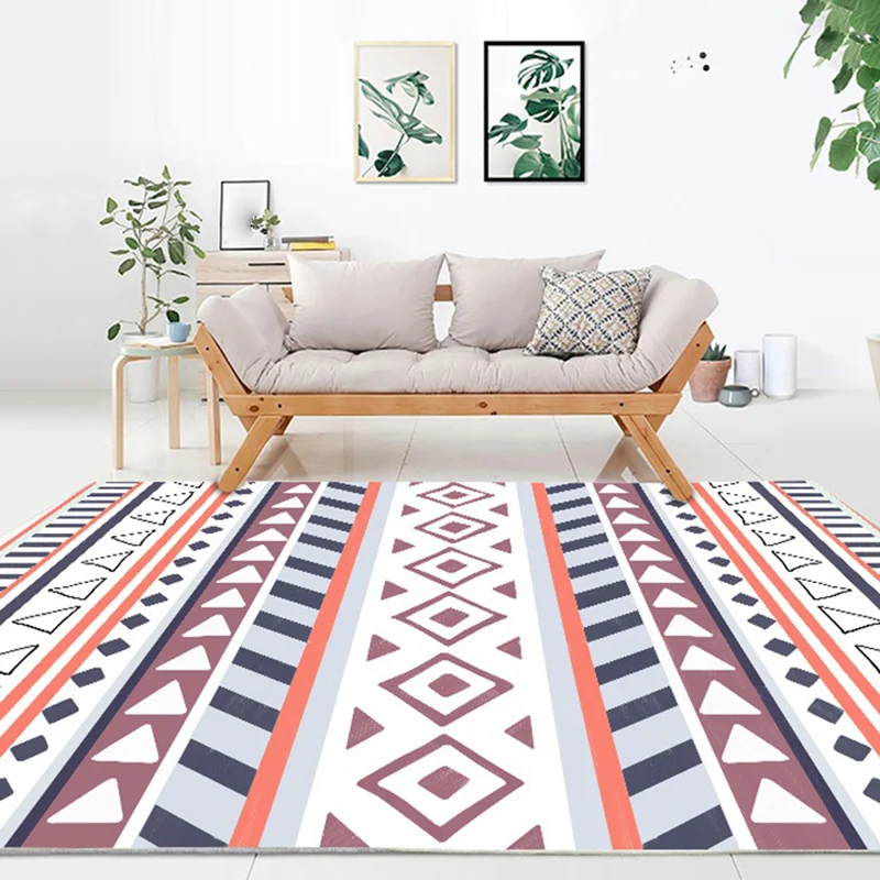 Premium per Tappeti Tappeto righe geometriche retrò arancione e blu Tappeto bohémien poliestere con supporto antiscivolo p...