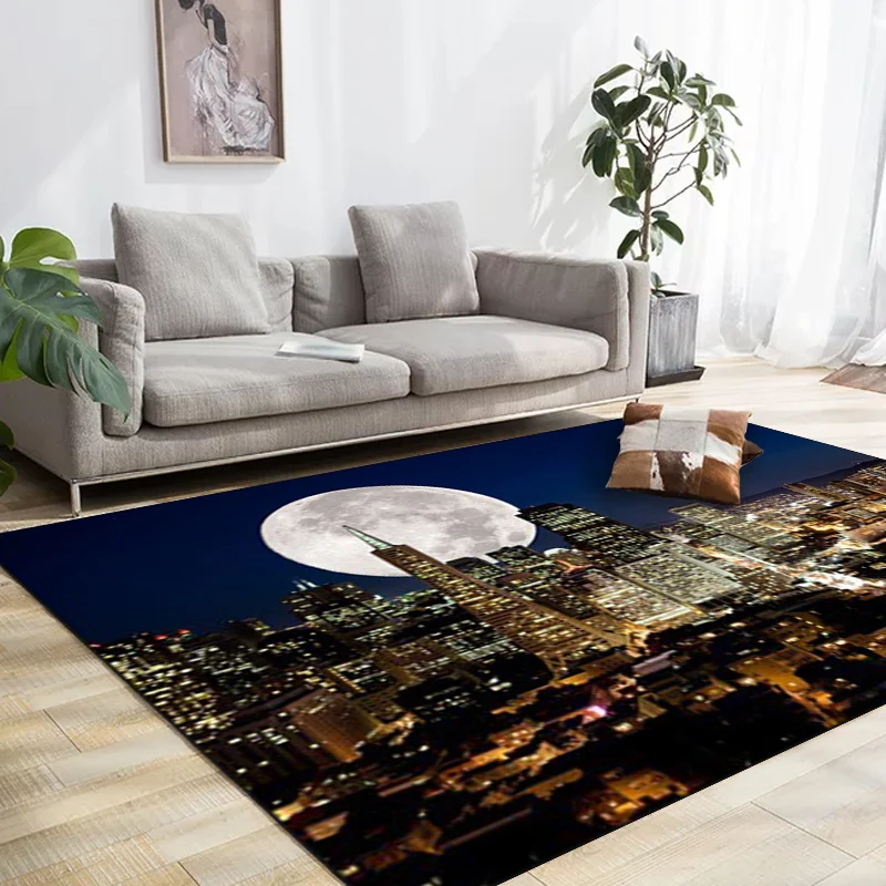 Tappeto con motivo geografico contemporaneo con luna Tappeto poliestere blu nero Lavabile lavatrice Tappeto antiscivolo pe...