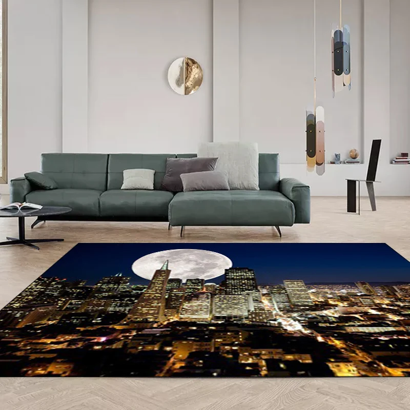 Tappeto con motivo geografico contemporaneo con luna Tappeto poliestere blu cupo Lavabile lavatrice Tappeto antiscivolo pe...