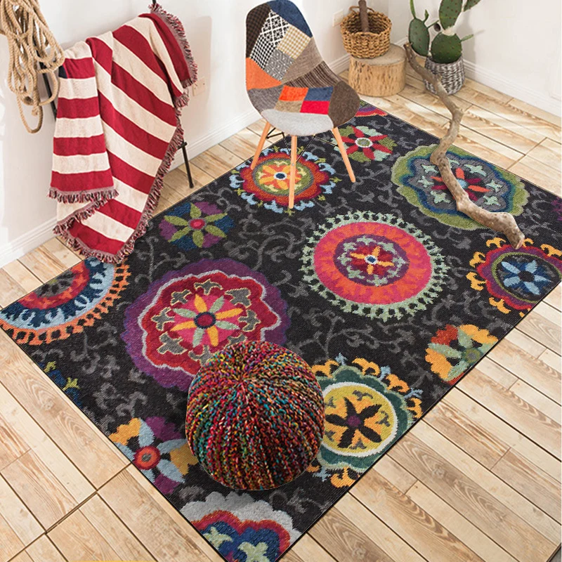 Tappeto Funky Floral Vine Circle nero Tappeto bohémien Tappeto con supporto antiscivolo poliestere per camera da letto per...