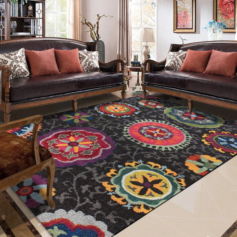 Tappeto Funky Floral Vine Circle nero Tappeto bohémien Tappeto con supporto antiscivolo poliestere per camera da letto per...