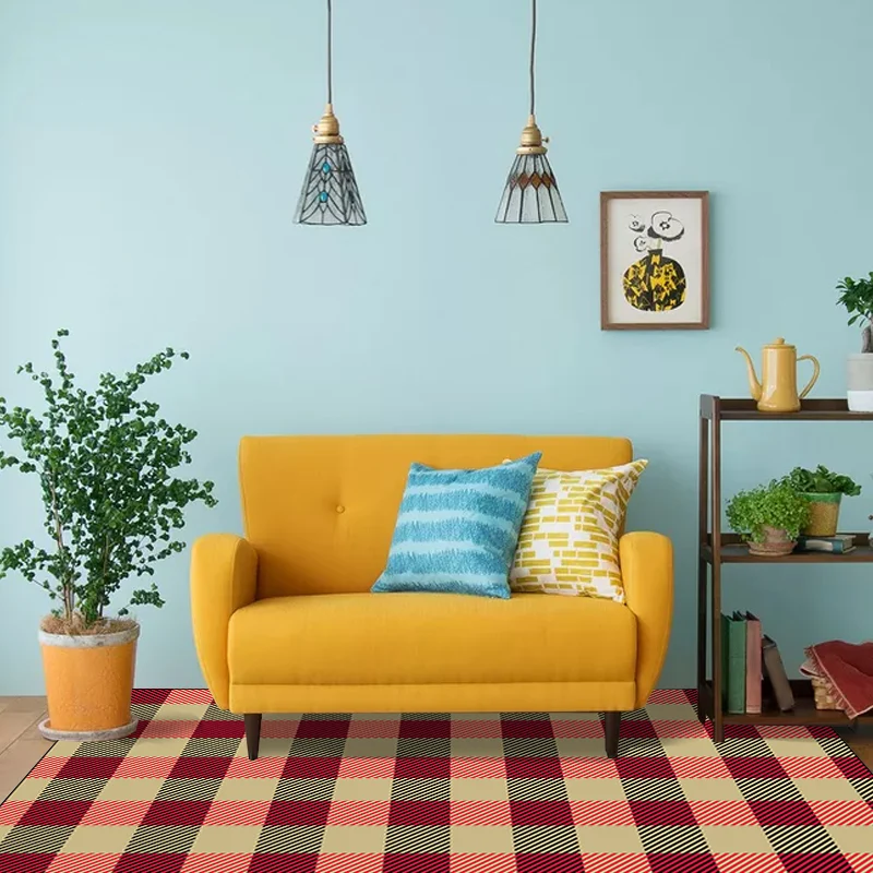 Tappeto per camera da letto rosso e marrone Tappeto innovativo con motivo righe scozzese Tappeto lavabile lavatrice resist...
