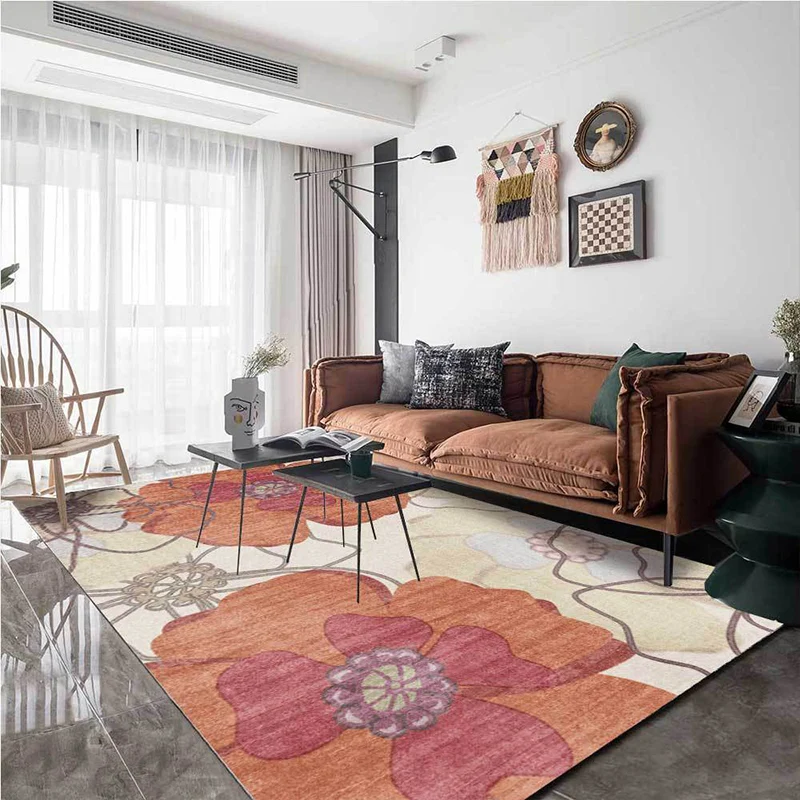 Tappeto retrò arancione e camoscio Tappeto con motivi floreali poliestere Tappeto lavabile antiscivolo per soggiorno ` | P...