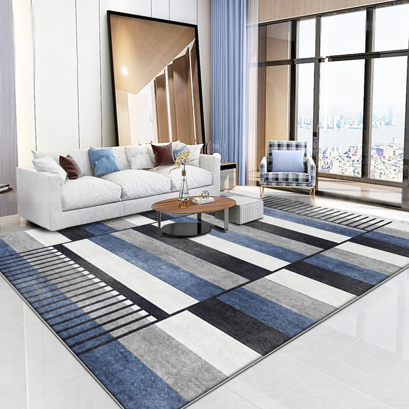 Tappeto da salotto blu Tappeto con motivo righe modernista Tappeto con supporto antiscivolo lavabile lavatrice poliestere...
