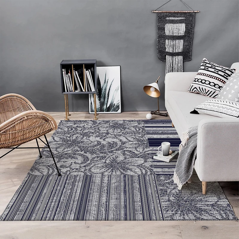 Tappeto shabby chic con motivo floreale righe Tappeto poliestere grigio nero Tappeto antiscivolo lavabile lavatrice per so...