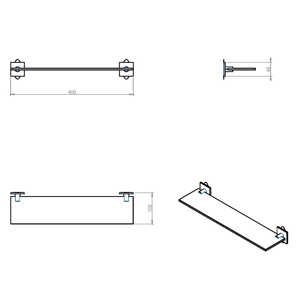 Mensola vetro da incollo della collezione 'Stick' Cosmic - cm 40 - supporti ottone cromato