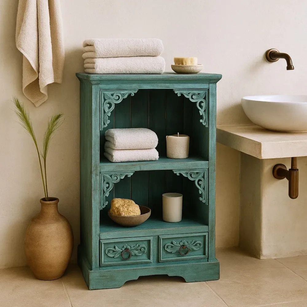 Mobile bagno legno di albasia turchese lavandino 66.7cm