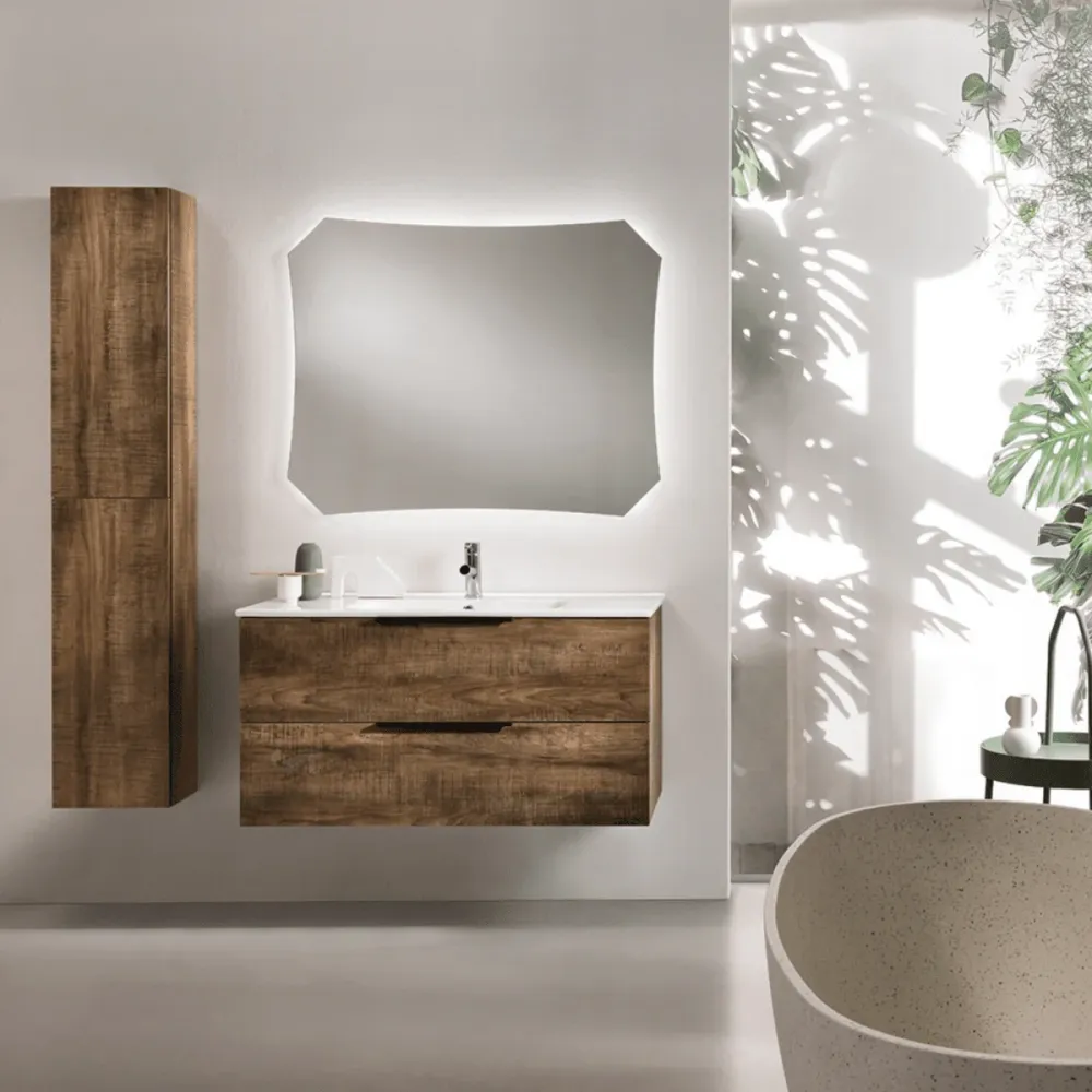 Mobile da bagno sospeso 2 cassetti "Tobias" specchio retroilluminato e colonna Modo