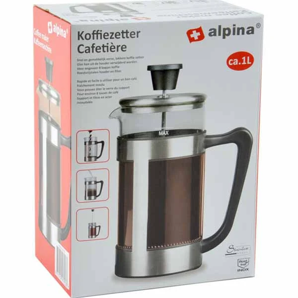 Cappuccino Maker 1 Litro Acciaio e Vetro Teiera Pistone Pressofiltro Alpina