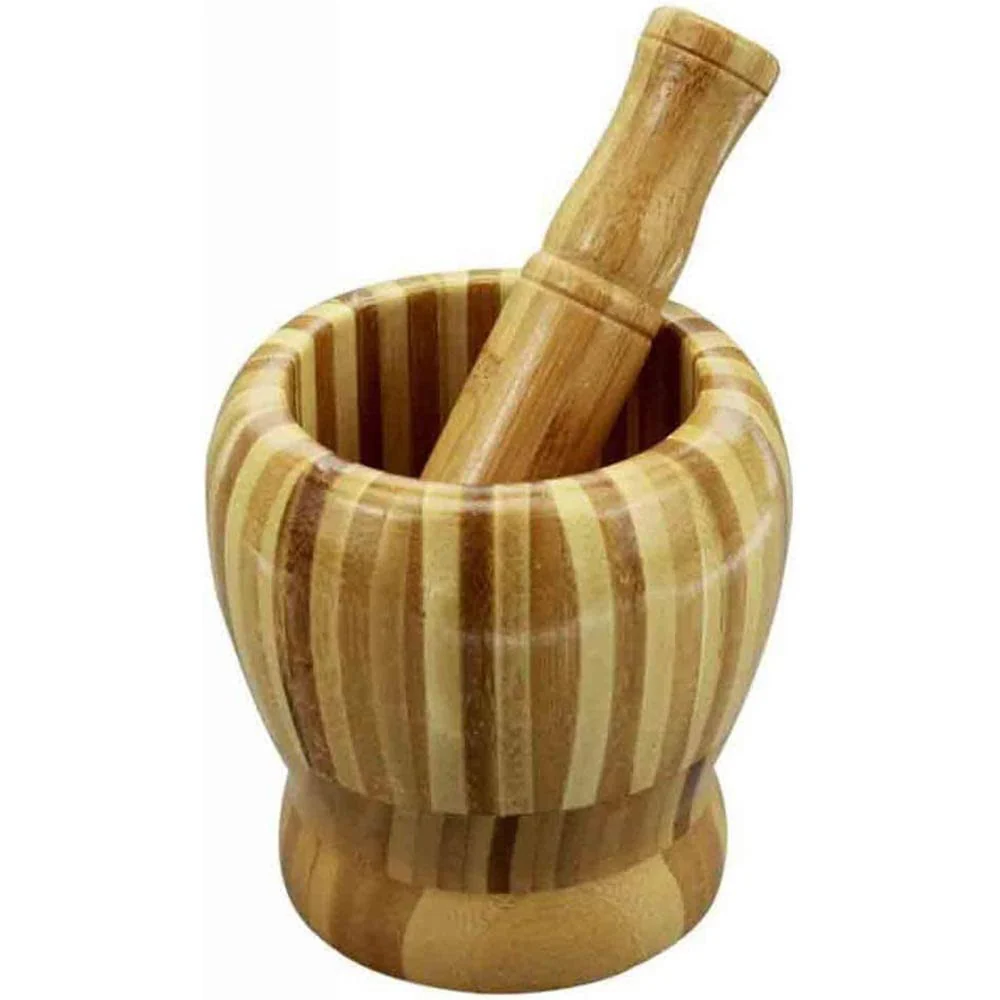 Mortaio con pestello legno strisce per pesto utensile da cucina