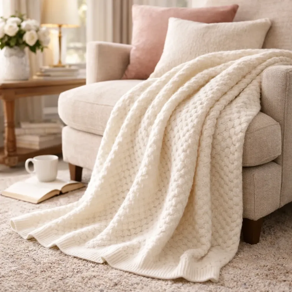 Plaid Maglia Misto Cotone Bianco 130x180 cm