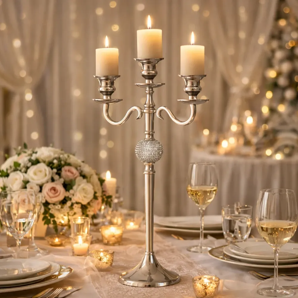Candelabro 3 Braccia Alluminio Argento con Palla Diamantata
