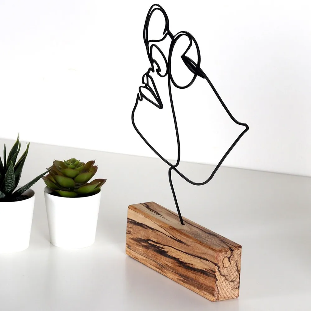 Oggetto decorativo da mettere Approbatio viso donna con occhiali 31cm Metallo Nero Base Legno