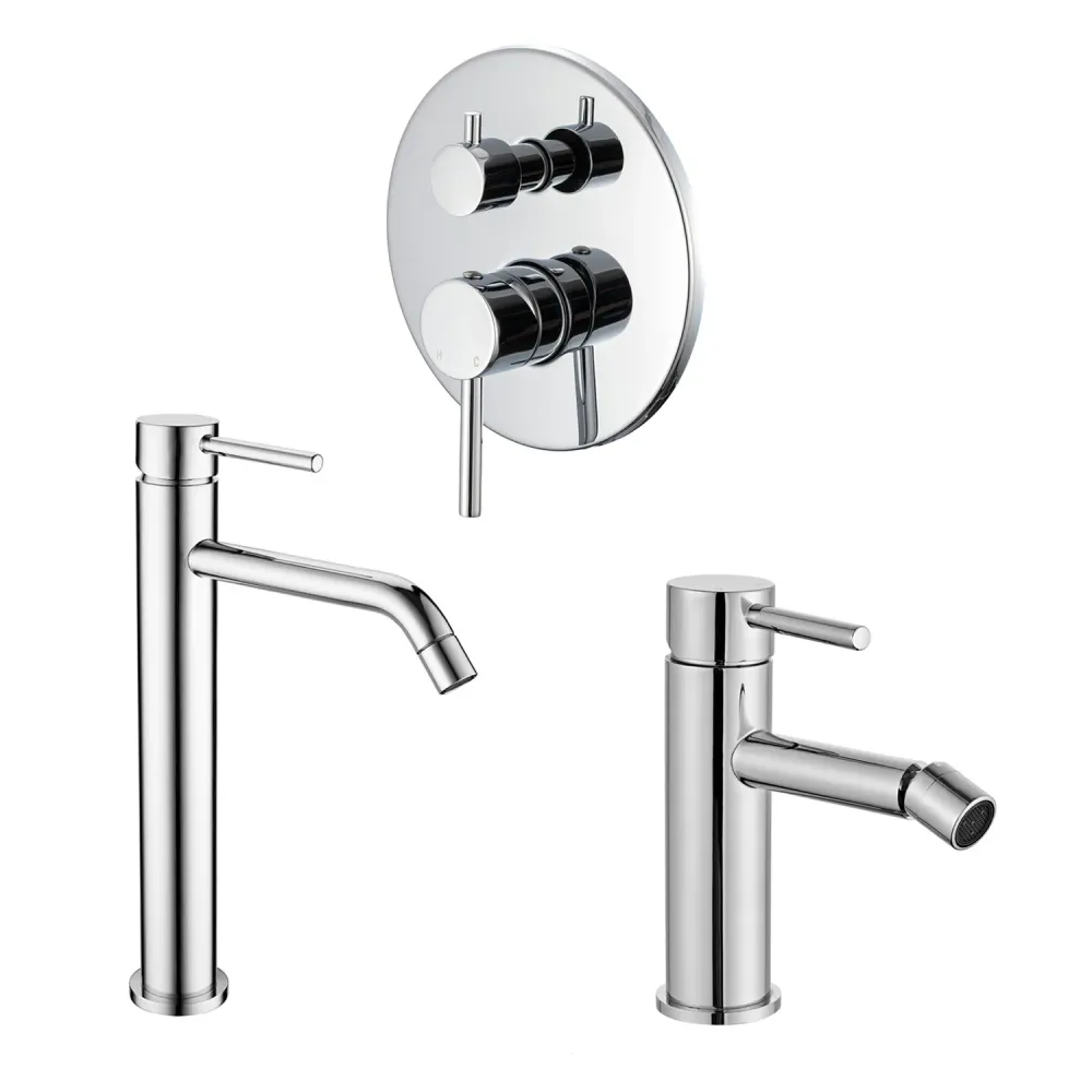 Composizione di miscelatori per lavabo alto, bidet e doccia 2 vie con pratico box Moon ottone cromato