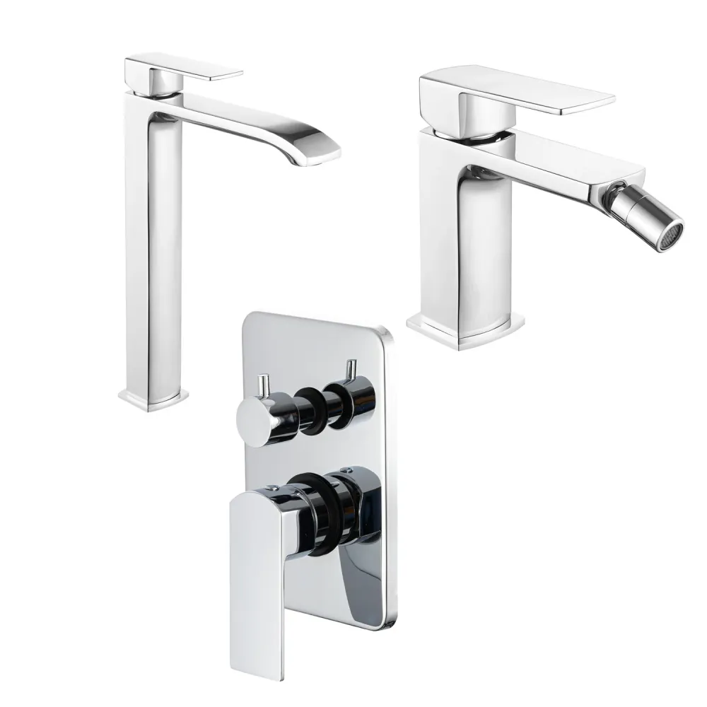 Composizione di miscelatori per lavabo elevato, bidet e doccia 2 vie serie Fire ottone cromato