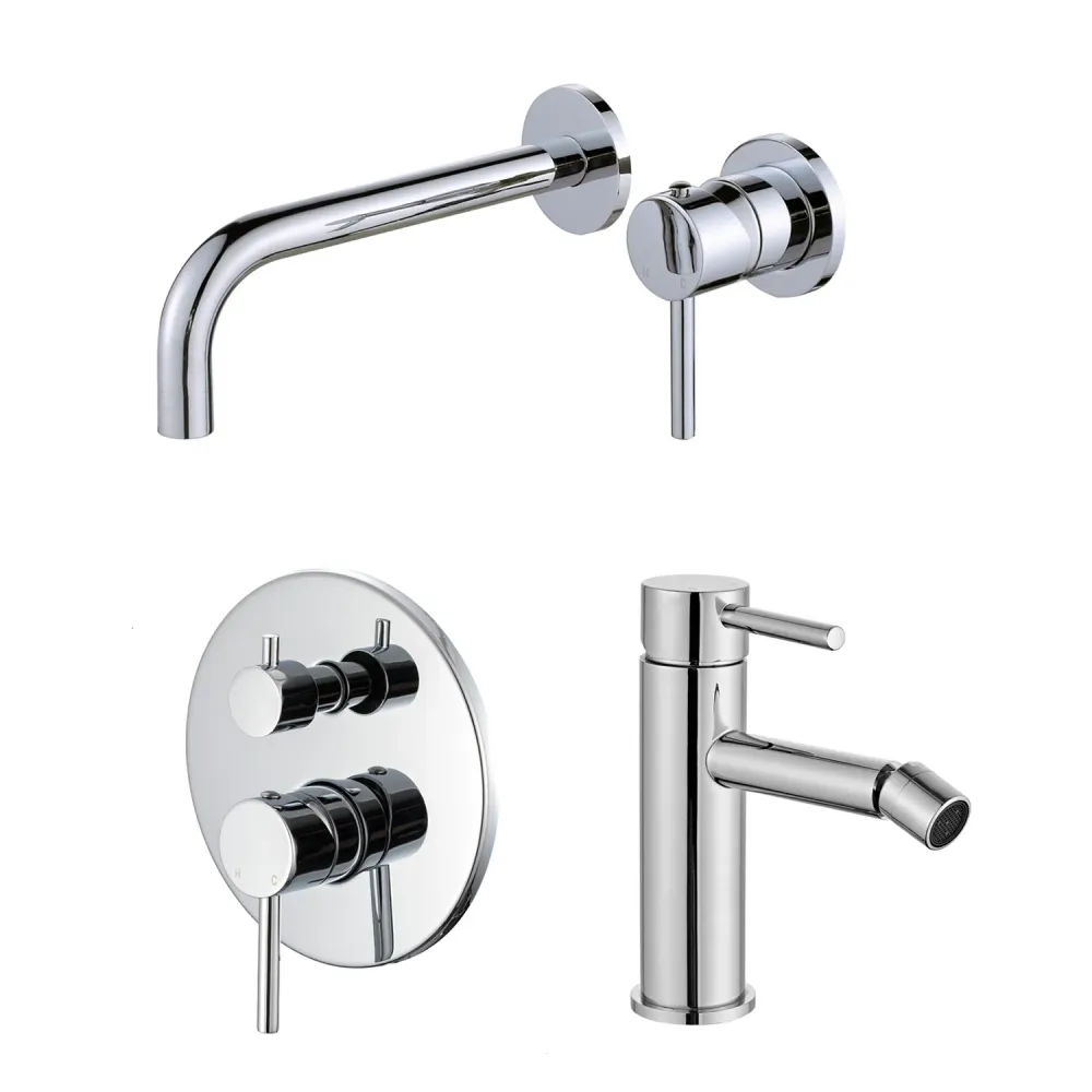 Composizione di miscelatori per lavabo incasso, bidet e doccia 2 vie con facile box Moon ottone cromato